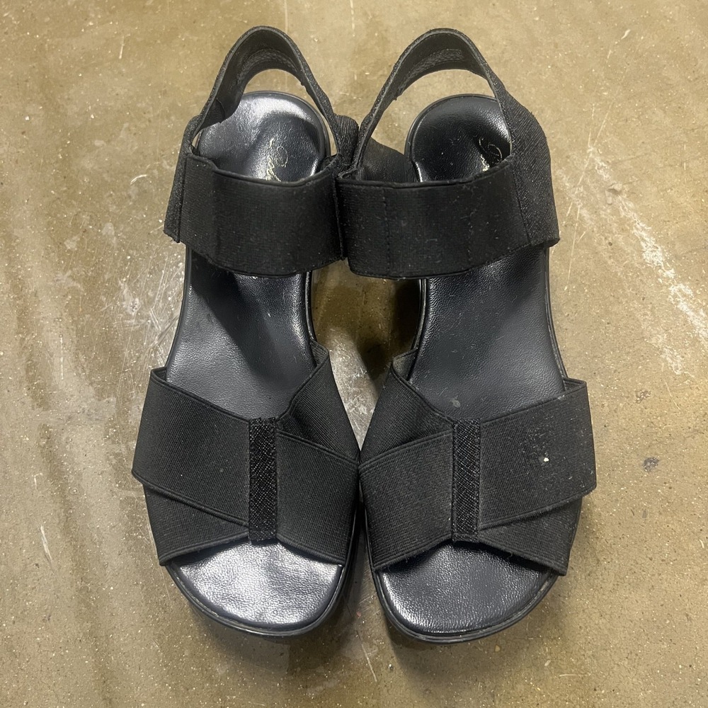 Robert Clergerie Paris Platform Wedge Sandals 38.5 Womens Black Elastic Stretch